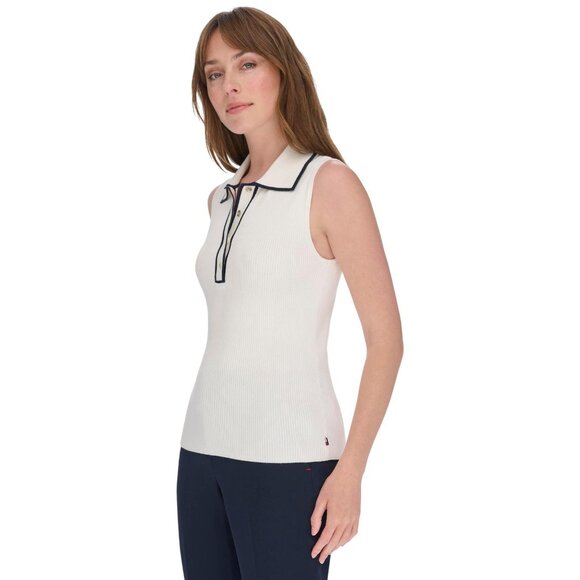 NWT Tommy Hilfiger Rib Knit Sleeveless Polo Shirt Ivory White / Midnight XL - Picture 3 of 8